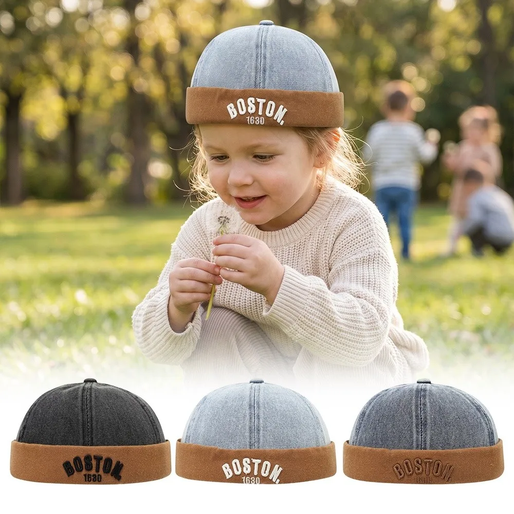 

Letter Embroidered Baby Brimless Hat Cotton Denim Sun Protection Landlord Cap Adjustable Breathable Children Melon Beanie Summer