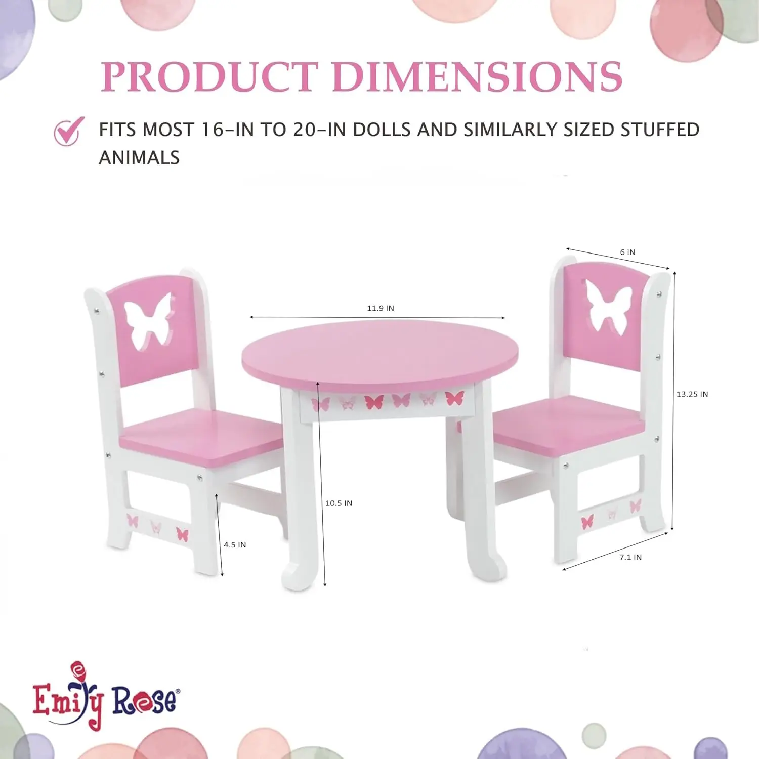 Conjunto de jantar borboleta rosa para bonecas de 18 polegadas - mesa de madeira e 2 cadeiras, compatível com marcas populares
