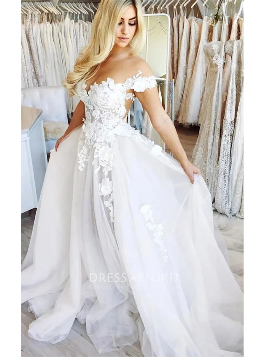 Newest Illusion Back Sleeveless A-Line Wedding Dresses Off The Shoulder Appliques Lace Bridals Gowns Vestidos De Novia