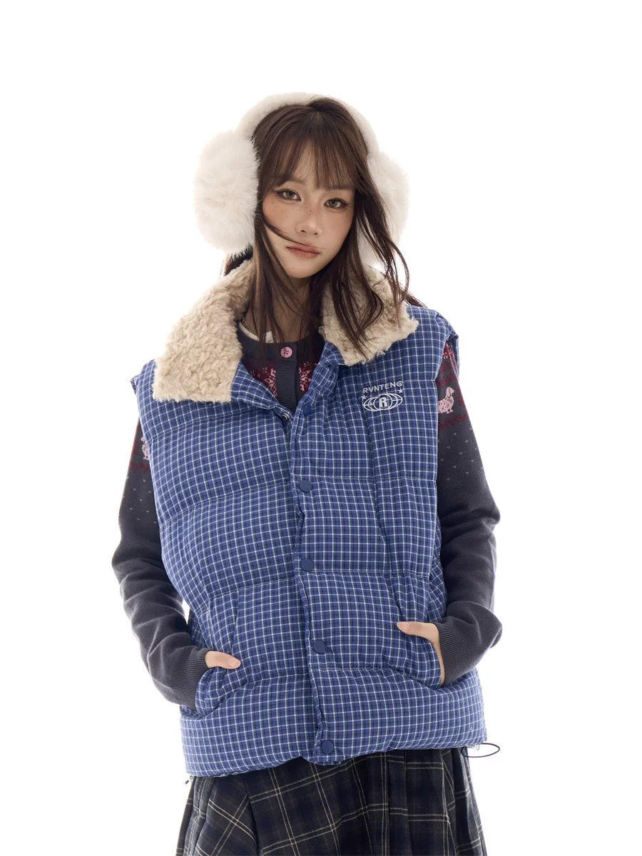 

Warm Plaid Flannel Vest Women's Winter Svel Collared Cotton Jaet Outerwear Layering oulder Pad Commute Sle