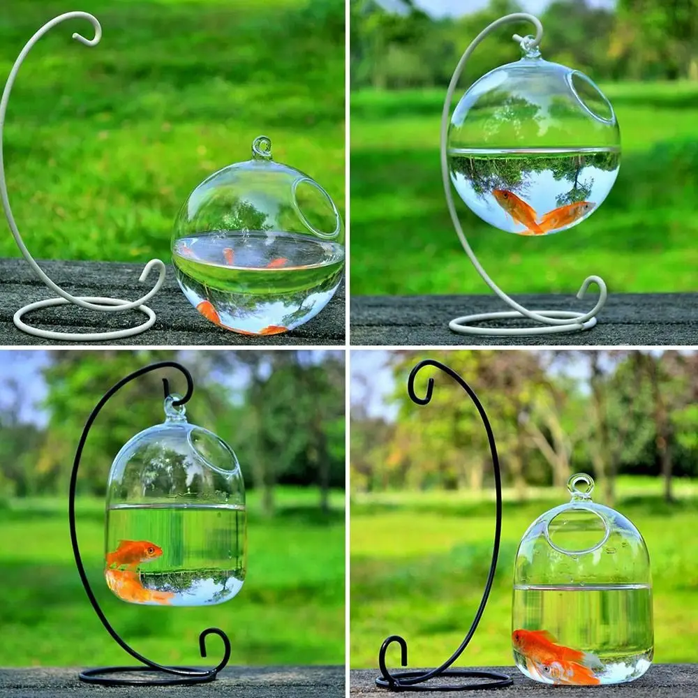 Runde/rechteckige Form hängendes Glas Aquarium Aquarium Fischs chale transparente Vase Ornament mit Rack Halter Home Dekoration