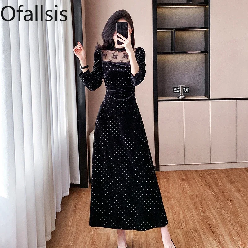 Ofallsis French Heavy Industry Hot Diamond Hollow Velvet Dress 2024 Autumn Winter New Women's Waist Socialite Black Long Dresses