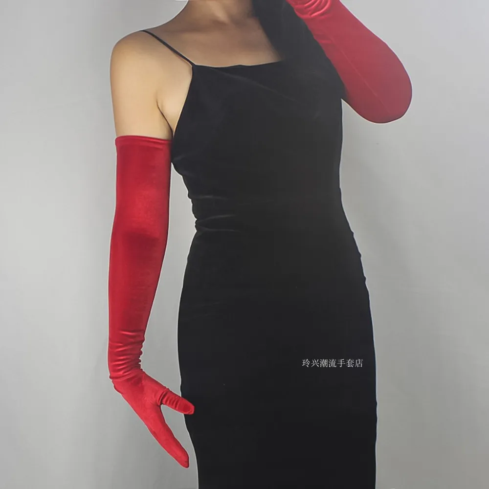 60 cm lange Samthandschuhe für Damen, elastischer Velours, Flanell, schwarz, thermisch, elegante Armstulpen, sexy Vintage-Mode, 1920er Abendmode – Detail 12
