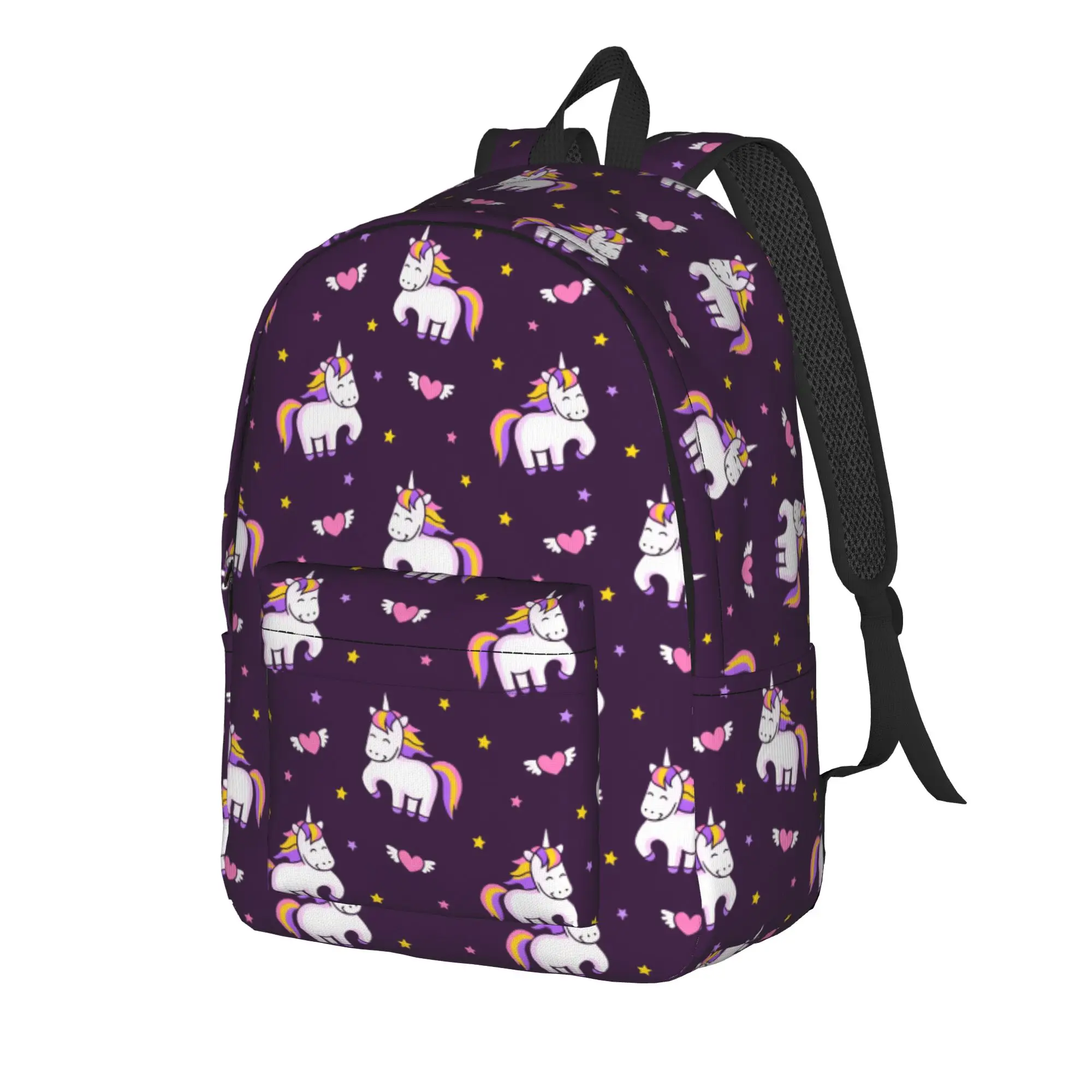 Magic unicorns and flying hearts on a dark night  Backpack  Boy Girl Polyester Outdoor Style Backpacks High School Bags Rucksack