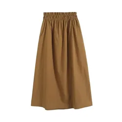 Women Minimalist Dark Khaki Elastic Waist Skirt Women High Waist Straight Office Ladies Faldas Mujer Moda Skirts Womens
