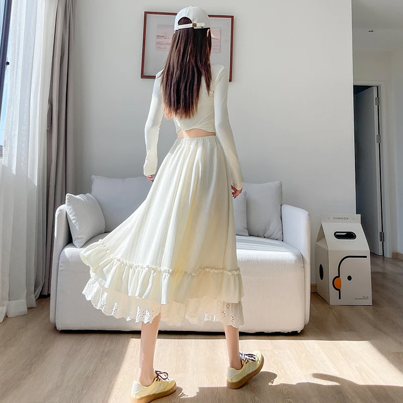 Vrouwen Rok Koreaanse Stijl Zoete Splicing Ruche Rand Halve Rok Hoge Taille Losse A-lijn Veelzijdige Herfst Nieuwe Mode