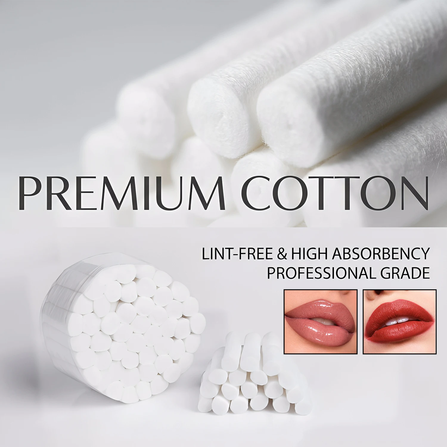 50pcs Professional PMU Cotton Rolls 0.8/1cm PMU Lip Auxiliary Tools Disposable High Absorbency Lint-Free Cotton for Tattoo Lips