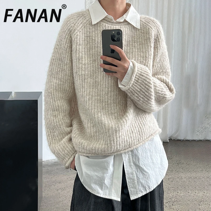 

FANAN Korean Style Wool Knitting Pullover Sweater For Women Round Neck Long Sleeve Loose Versatile Tops Fashion 2025 Autumn New