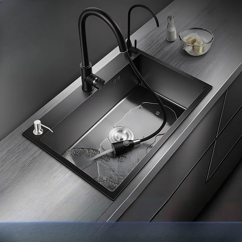 

Kitchen Sink Stainless Steel Single Bowl Handmade Thick Deep Basin Dishwasher Sink Drainboard Multiuse EasyClean Bathroom Sink