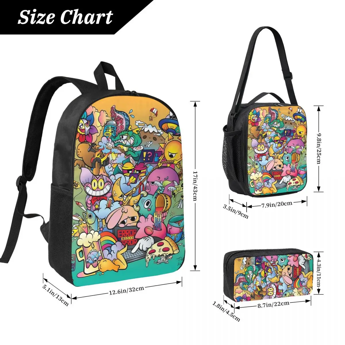 Things In Life Cute Colorful Vexx Style Doodle Backpack Student Boy Girl BookBag School Bag 3ps Insulated Lunch Bag Pencil Case
