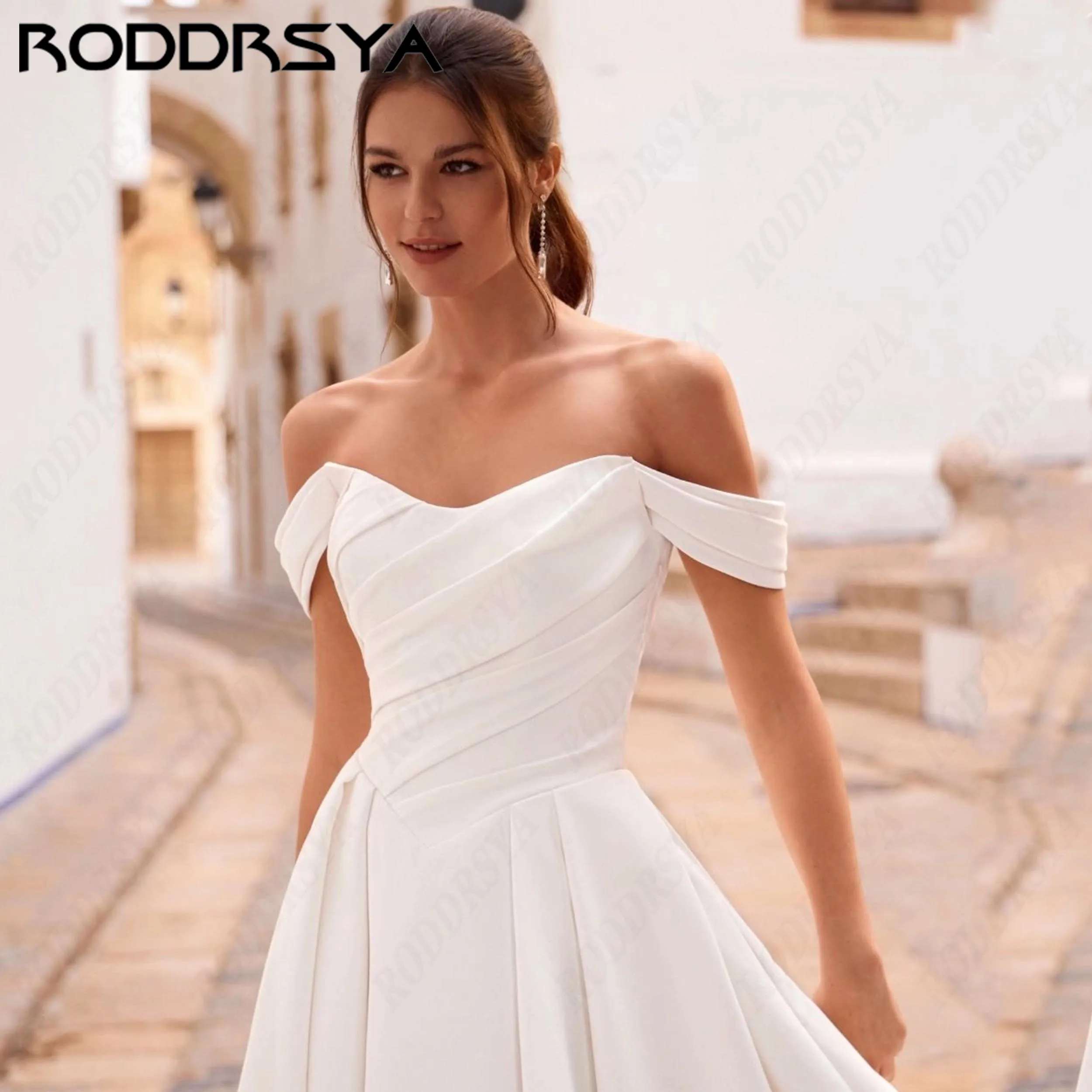 RODDRSYA Classic A-Line Satin Wedding Desses For Women Off The Shoulder Bride Gown Button Court Train Customized Bridal Dress
