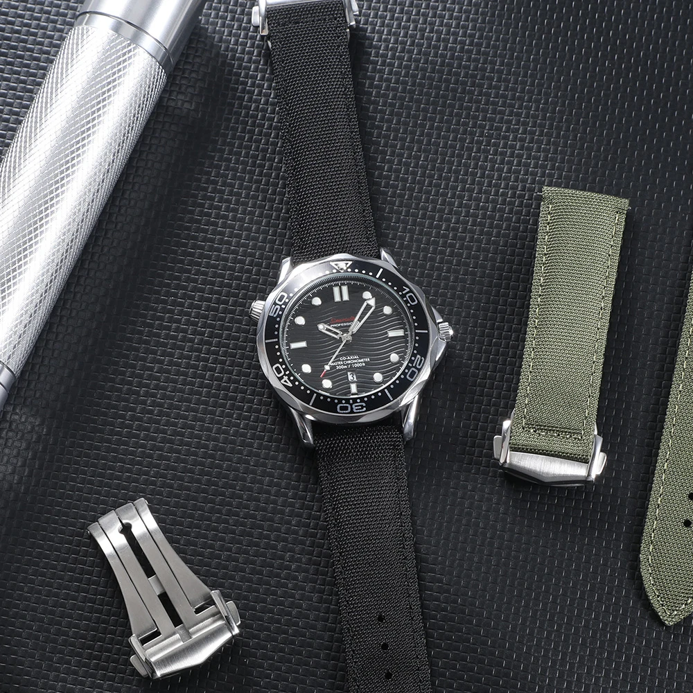 Deployant Sailcloth Uhrenarmband 20mm 22mm, beidseitig hochdichtes Nylon, Schnellverschluss mit Faltschließe, Uhrenband für Omega – Detail 7