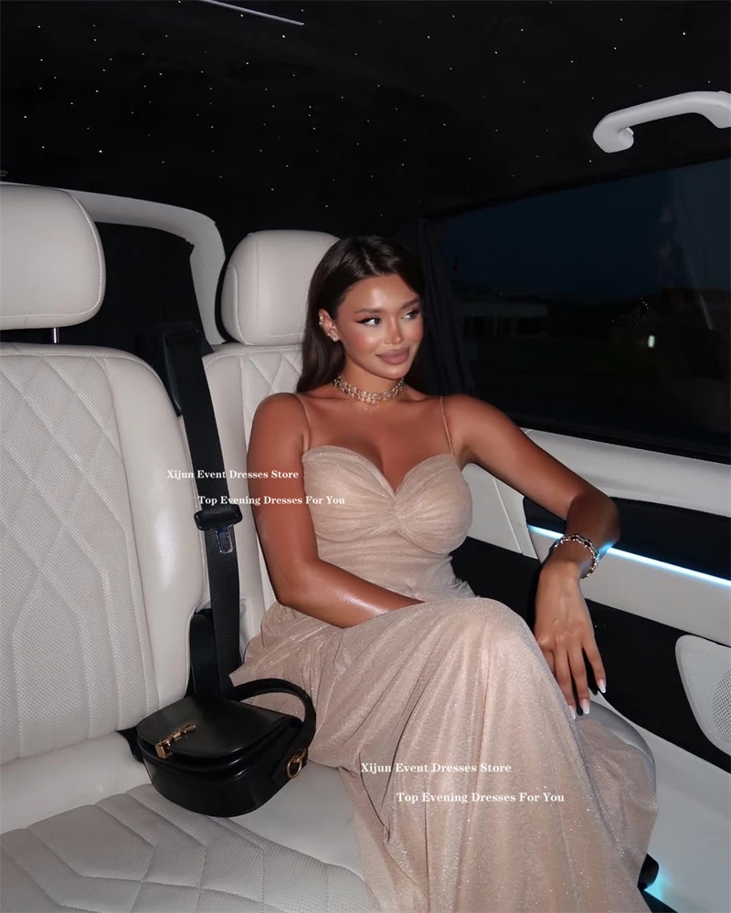 Xijun-vestidos de noche largos de tul con purpurina, escote en forma de corazón, sin mangas, formales, sexys, con tirantes finos, personalizados