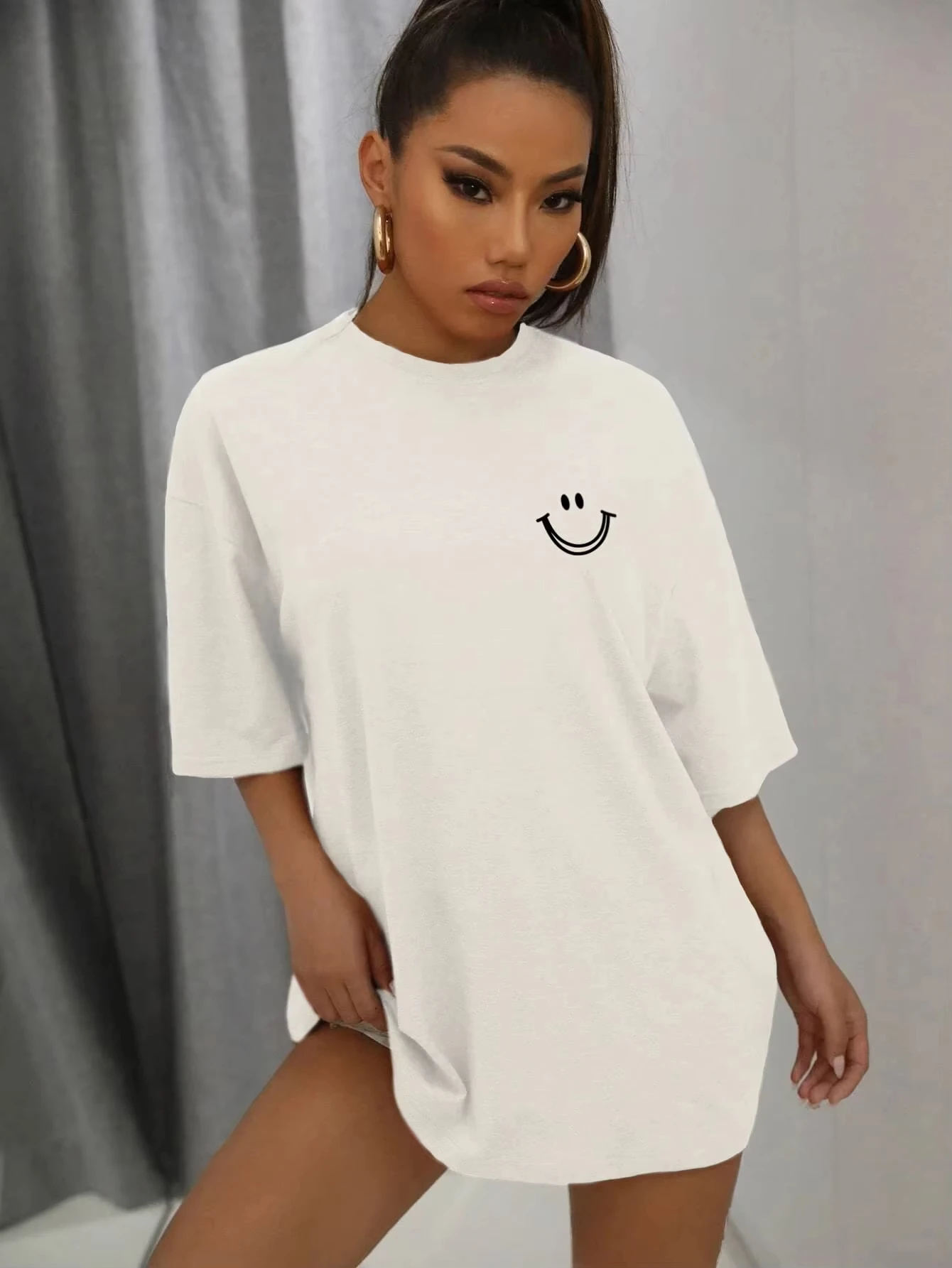 Happy Expression Printed Womens Cotton Short Sleeve Street Hip Hop Tee Clothing All-math Breathable Tops Crewneck Woman T-Shirts