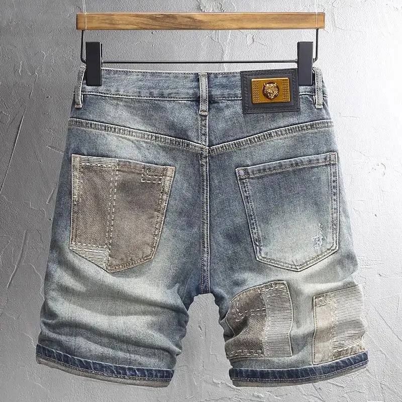 2026 Summer New Vintage Embroidered Ripped Denim Pants for Men, Slim Fit Five-Point Pants with a Luxurious Nostalgic Style