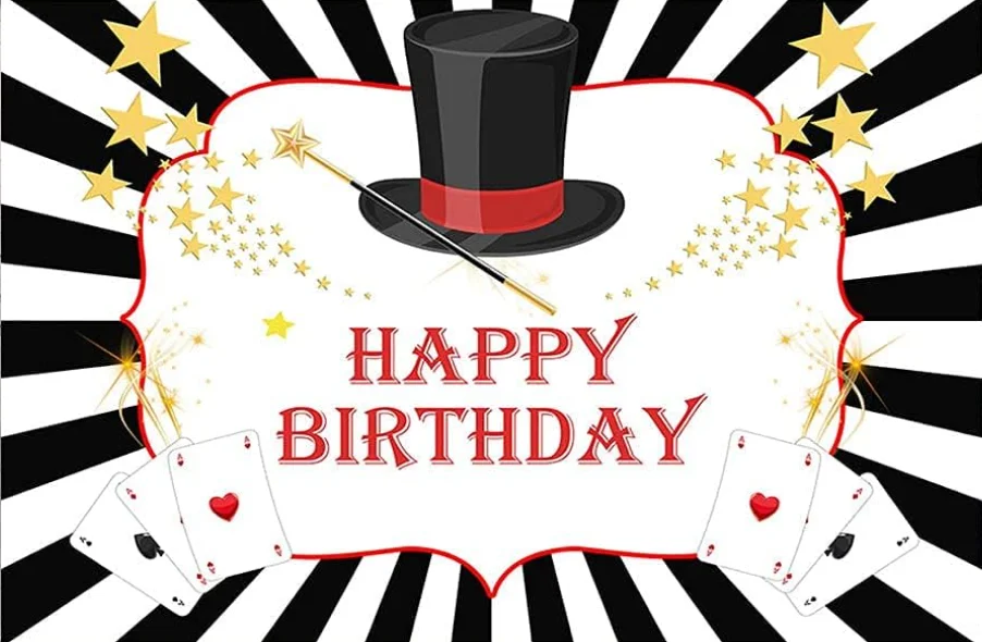 Magic Show Happy Birthday Backdrop for Boy Girl Porker Magician Red Curtains Baby Shower Party Background Black Hat Gold Stars