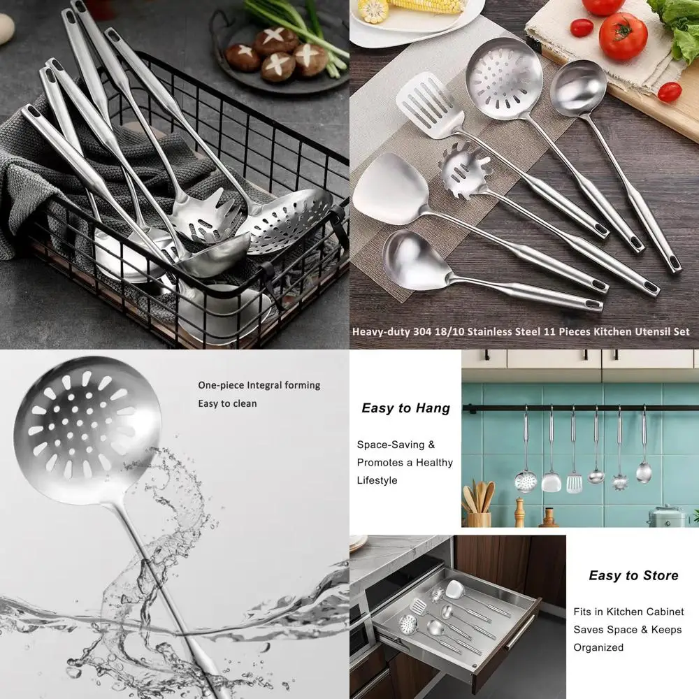

Набор кухонной утвари из нержавеющей стали из 11 предметов: лопаточка, ложка для супа, токарный станок с прорезями, ковш, сервиз для макарон, вилка для мяса, щипцы