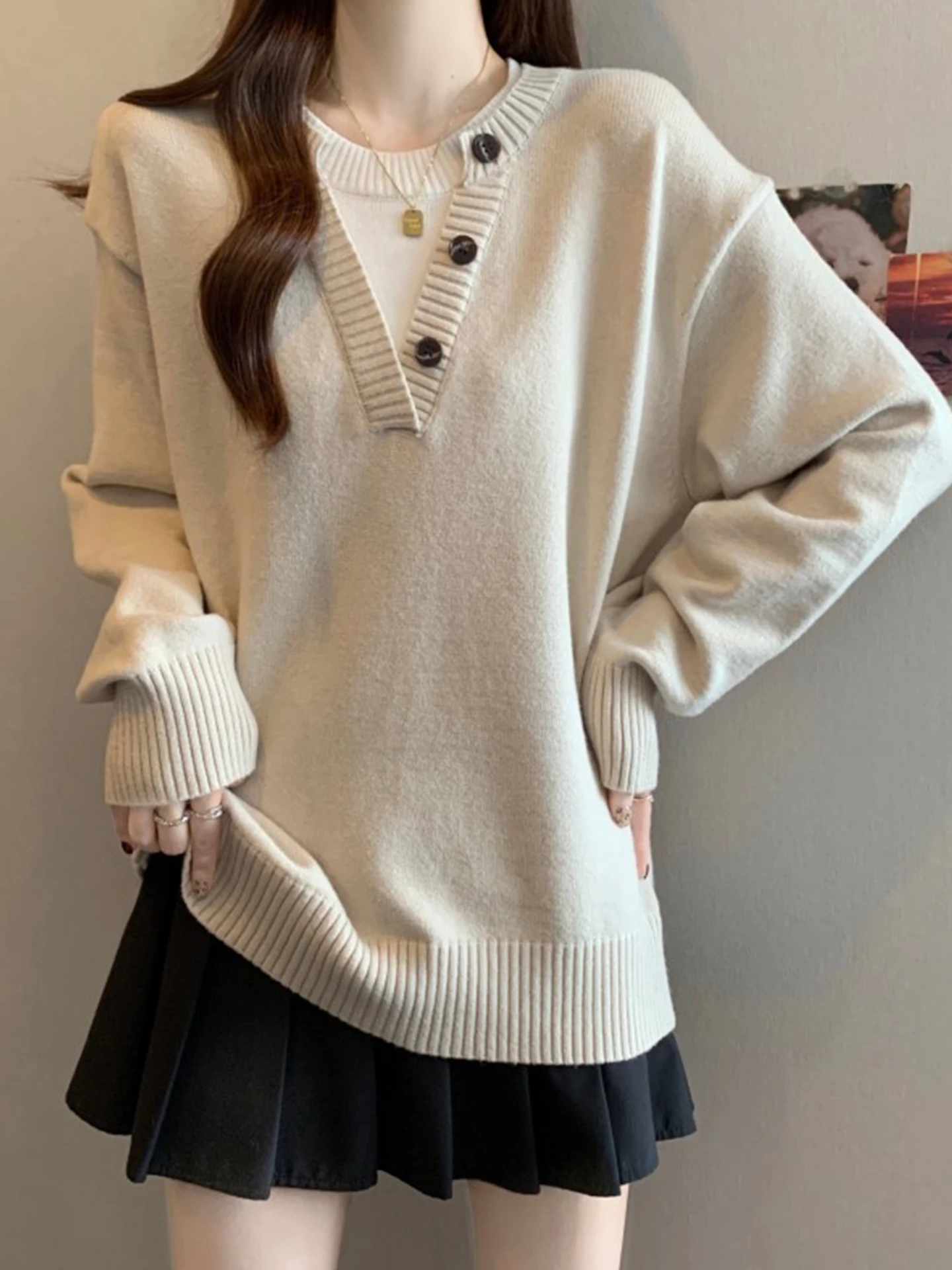 

Color Blo V-Ne Knitwear Loose Fit Women's Top Cover Belly Button Autumn Faion plus Size Casual Sle Long Sve Sweater