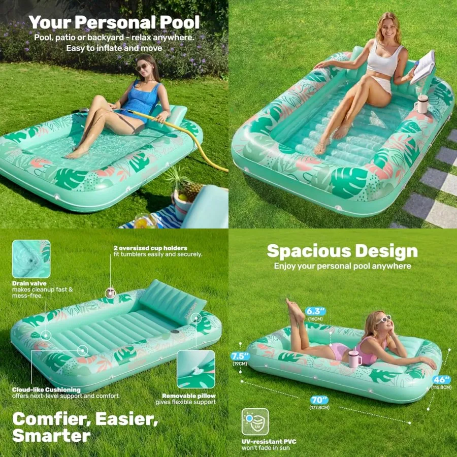 

Inflatable Tanning Pool Lounger Float, 70 x 46 Pool Floats Adult with Pillow, 4 in 1 Suntan Tub Raft Floatie, Sunbathing Bed Lo