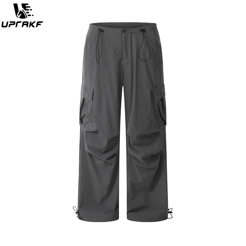 UPRAKF Drawstring Trousers Comfort Casual Side Pocket Autumn Pantalones Solid Color Safari Style Pleated Loose Straight-leg