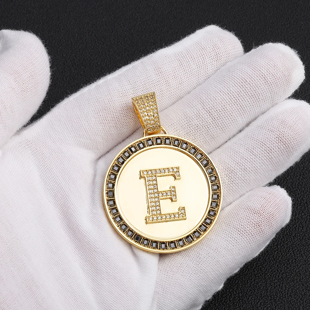HHIOK Gold Plated Initial E Round Medallion Pendant Black Moissanite Edge Iced Out Yellow CZ Hip Hop Charm Necklace
