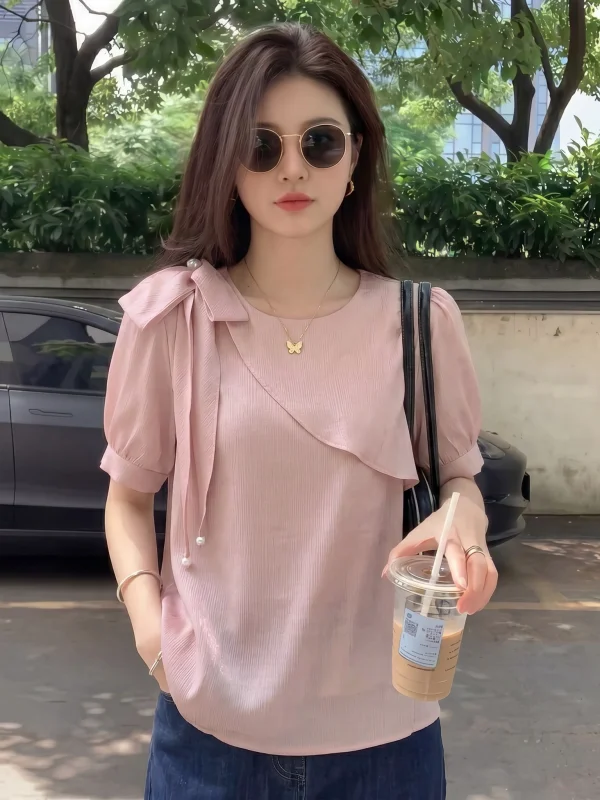 

Pink Fluffy Shoulder Short Sleeve Women's Shirt Summer New Style plus Size Beautiful Small Top Chiffon Upper Body Korean Styl...