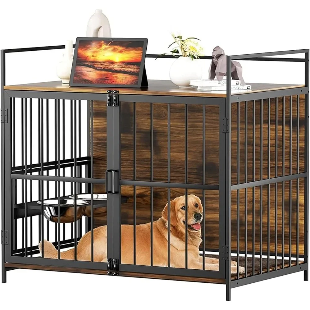 

Furniture Style Large Dog Crate with 360° & Adjustable Raised Feeder for Dogs with 2 Stainless Steel Bowls -End Table Dog House