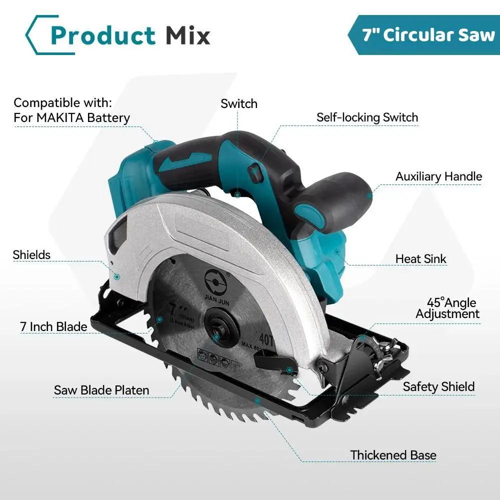 7 Inch Brushless Circular Saw W/ 3PCS 180mm Blades Multi-Angle 0-45° Cutting Electric Saw Woodworking Power Tool For Makita 18V