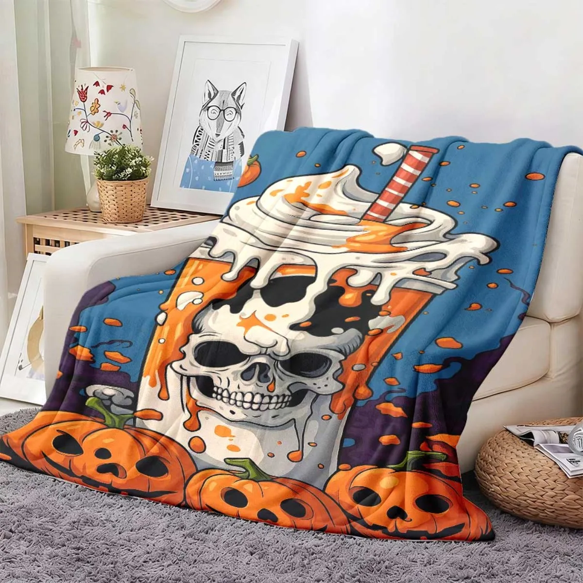 Halloween Skull Pumpkin Digital Print Flannel Throw Blanket, Polyester Washable All Season Blanket for Sofa Bed Outdoor