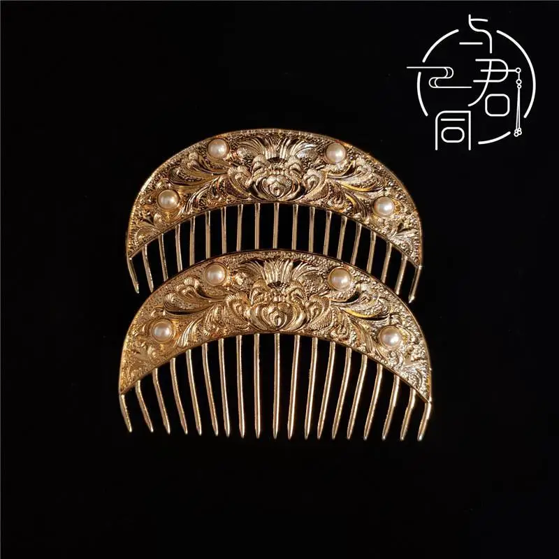 Golden Peony Pattern Hair Comb Tang Style Lady Figure Headwear Hair Comb Dunhuang Style Donor Hair Wedding