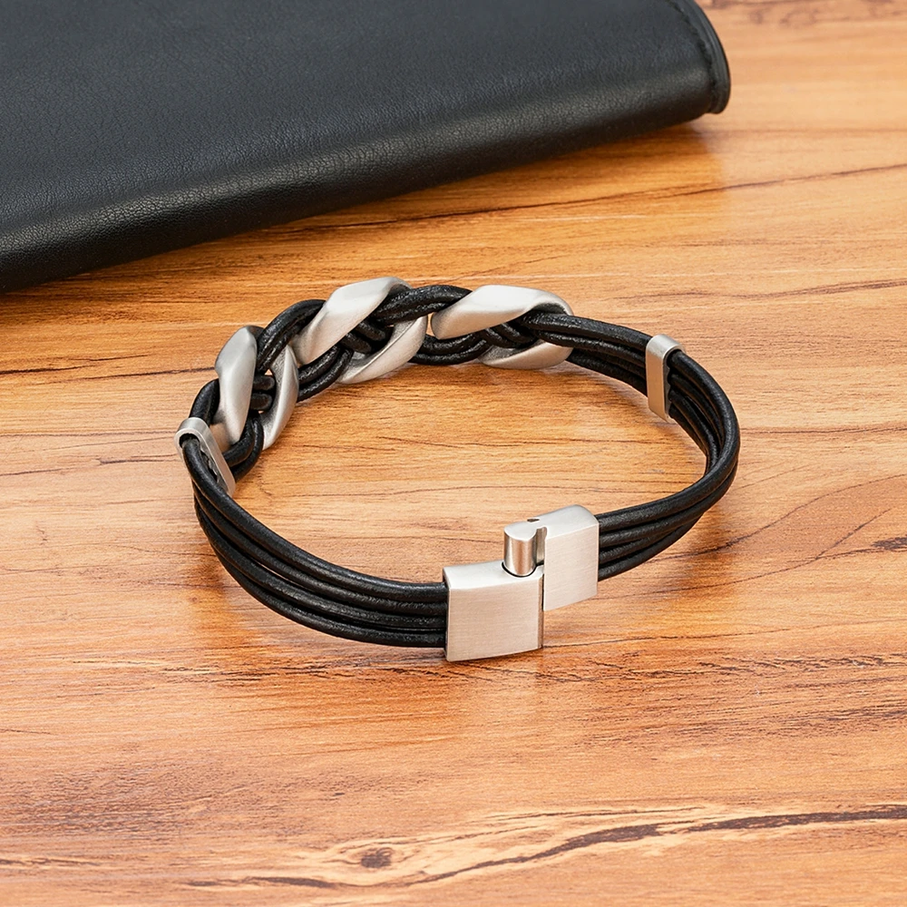 XQNI Charm Black Braided Leather Bracelet for Men Stainless Steel Magnetic Clasp Punk Homme Bangles Classic Jewelry Gift