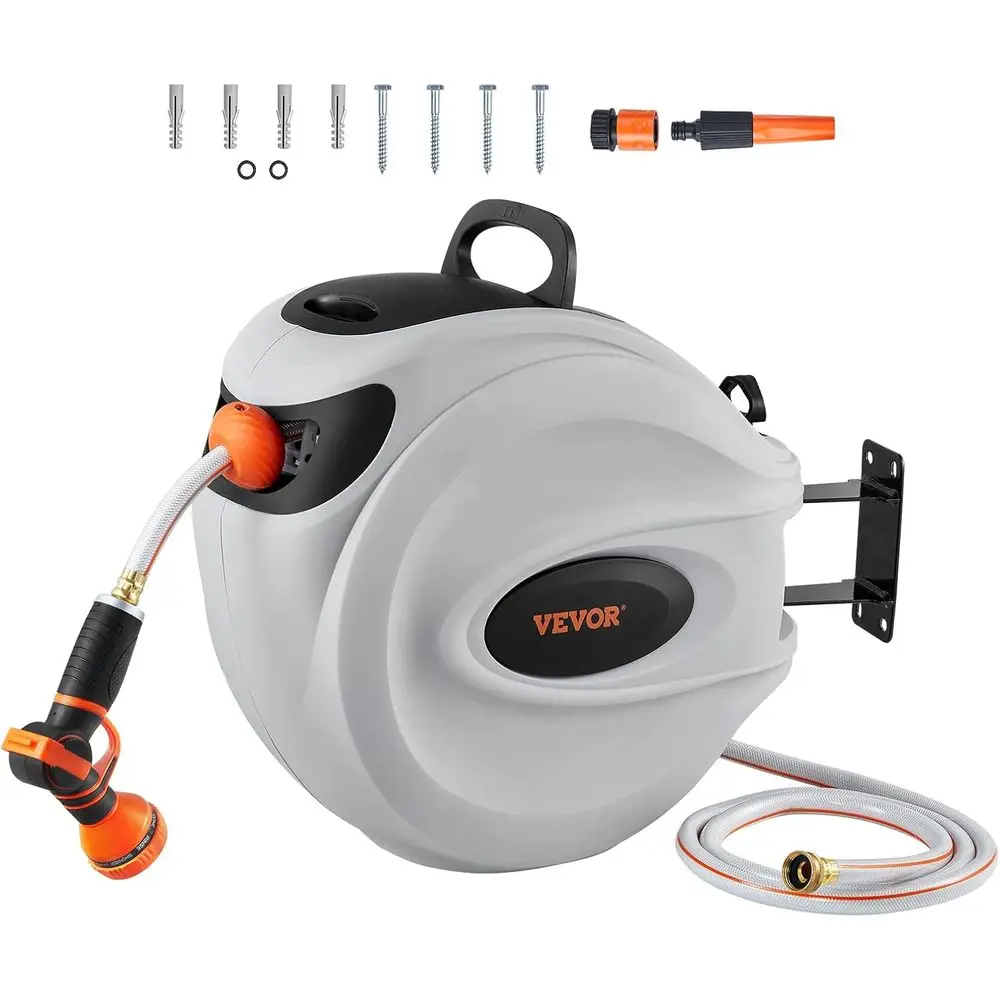 

Expandable Garden Hose with 9-Pattern Nozzle, 180° Swivel Mount, Auto Rewind, Lockable Length, and Slow Return Feature