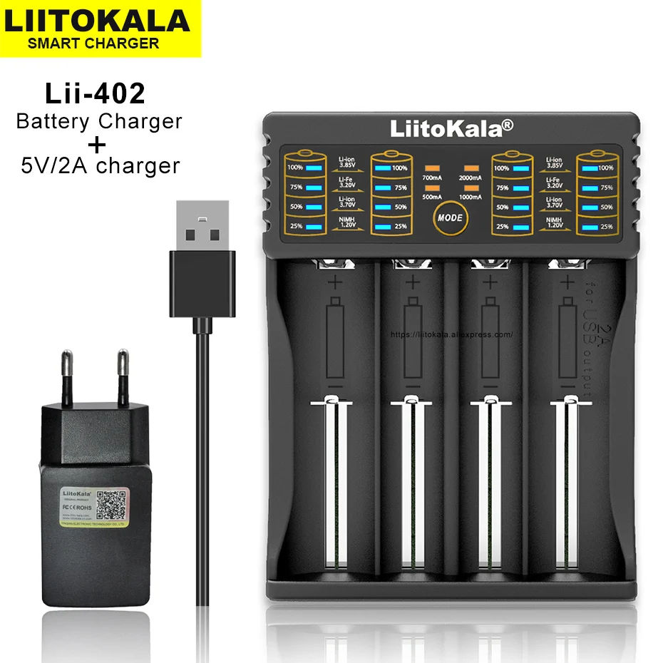 Liitokala Lii-402 Lii-CH2 18650 3.7V 3.2V 3.85V 26650 20700 14500 21700 25500 1.2V NiMH Lithium Rechargeable Battery Charger