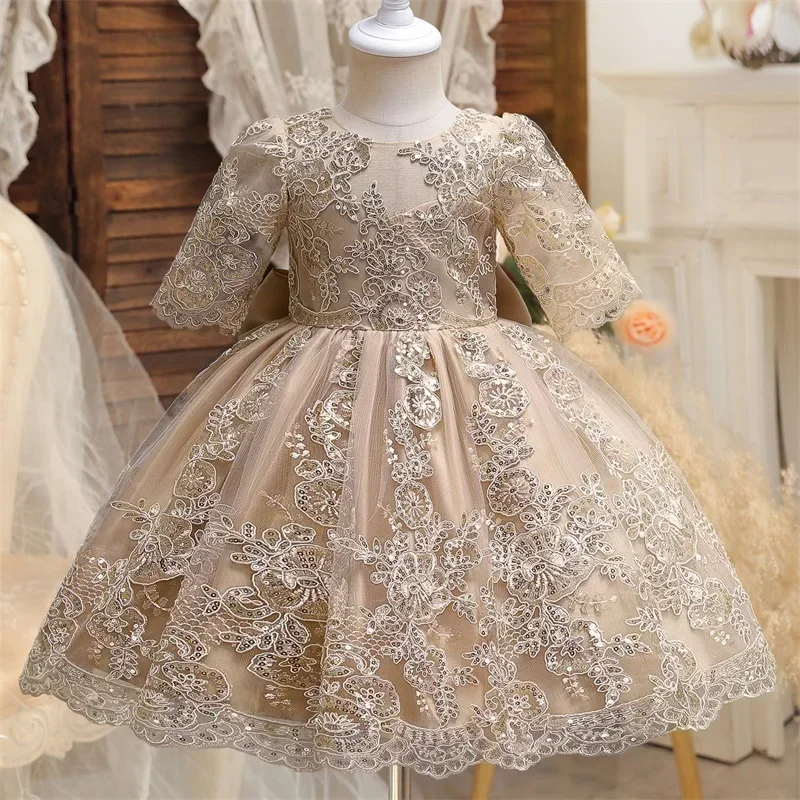 Luxury Dress for Baby Girls Birthday Party Princess Dress Kids Baptism Gala Gowns 2024 New Lace Bow Green Christmas Costume 1-5Y