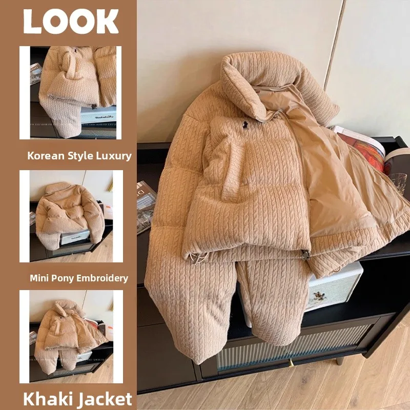

Khaki Short Embroidered Motif Winter Jacket for Women Commute Style Loose Fit Zipper Closure Pure Color Fashion