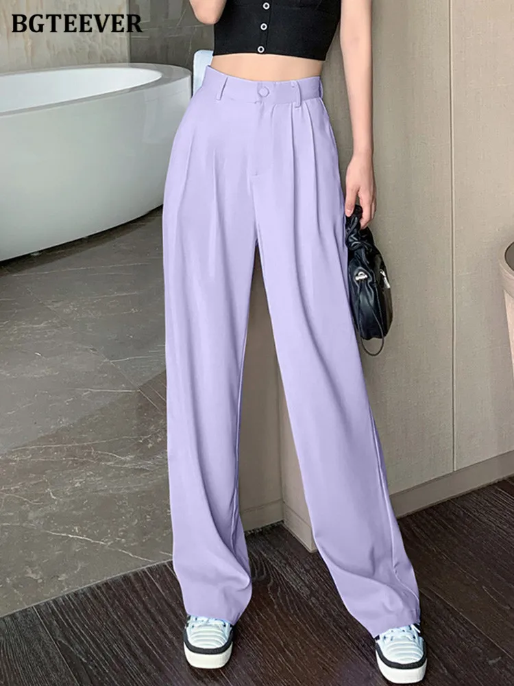 

BGTEEVER Summer Straight Pants for Women High Waist Single Button Loose Female Wide Leg Trousers Solid Ladies Suit Pants