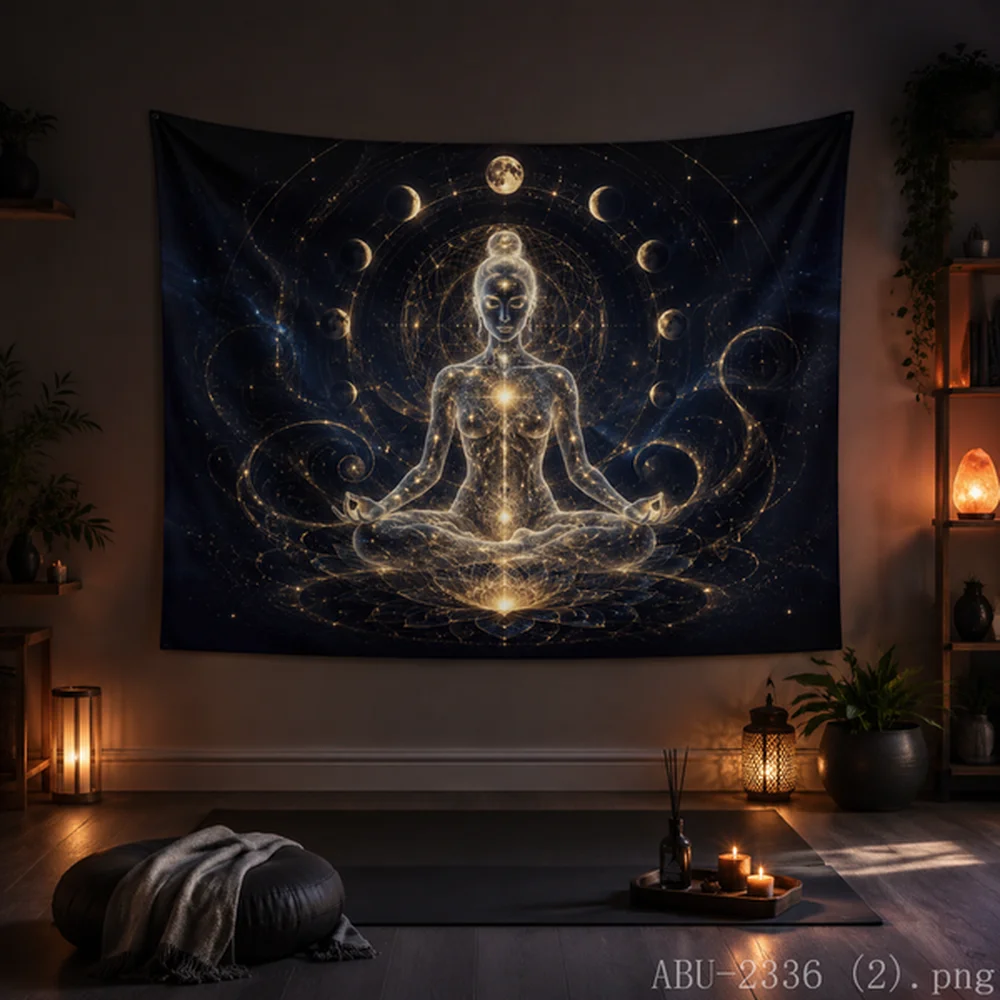 VIKAMA Neon Chakra Lotus Tapestry Spiritual Astronaut Wall Art for Mindfulness Room Decor