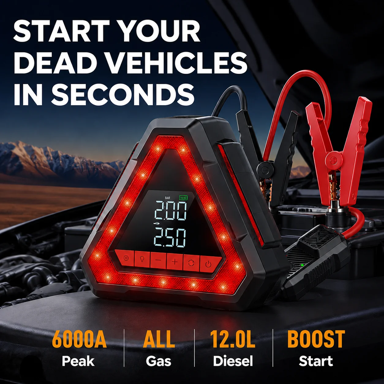 BUVAYE 6000A Car Jump Starter with Air Compressor 150PSI Tire Inflator, Portable Battery Booster Power Bank Tripod LED Emergency