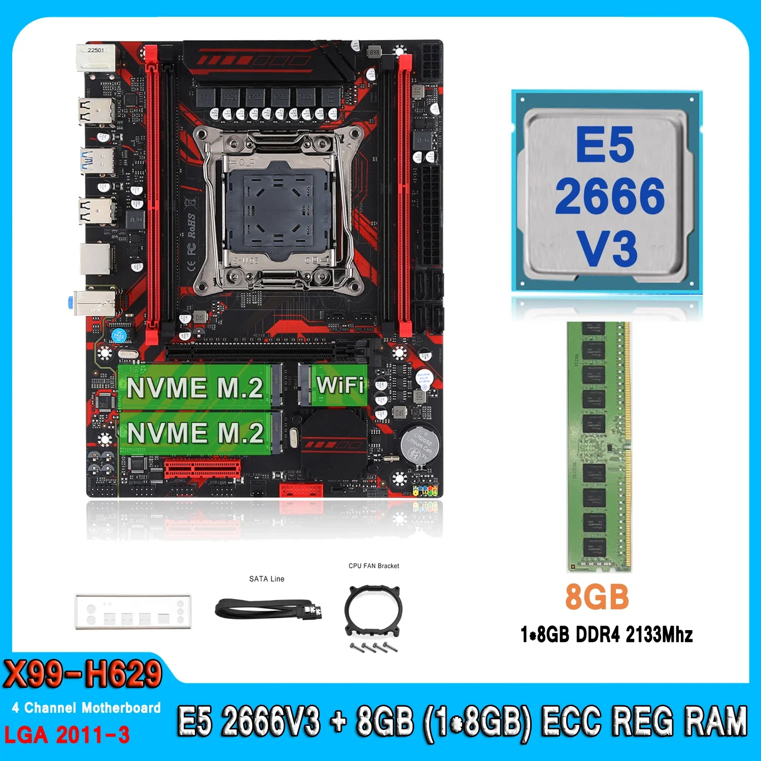 X99 Motherboard Kit XEON LGA 2011-3 Set E5 2666 V3 With 8GB(1*8GB) DDR4 REG RAM Combo Four Channel E5 2666V3 Motherboard Set