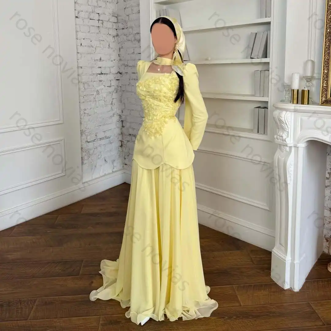 Pale Butter Yellow Square Neck Keyhole Cutout Long Sleeve 3D Floral Beaded Embroidery Scallop Hem Waist Layer Pleated Chiffon