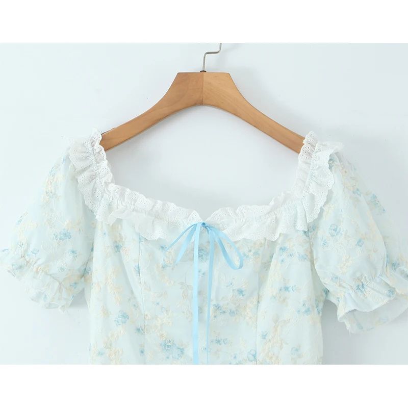 YENKYE Sweet Girl Lace Spliced Embroidery Printed Dress Women Vintage Puff Sleeve V Neck A-line Mini Summer Dresses Holiday Robe