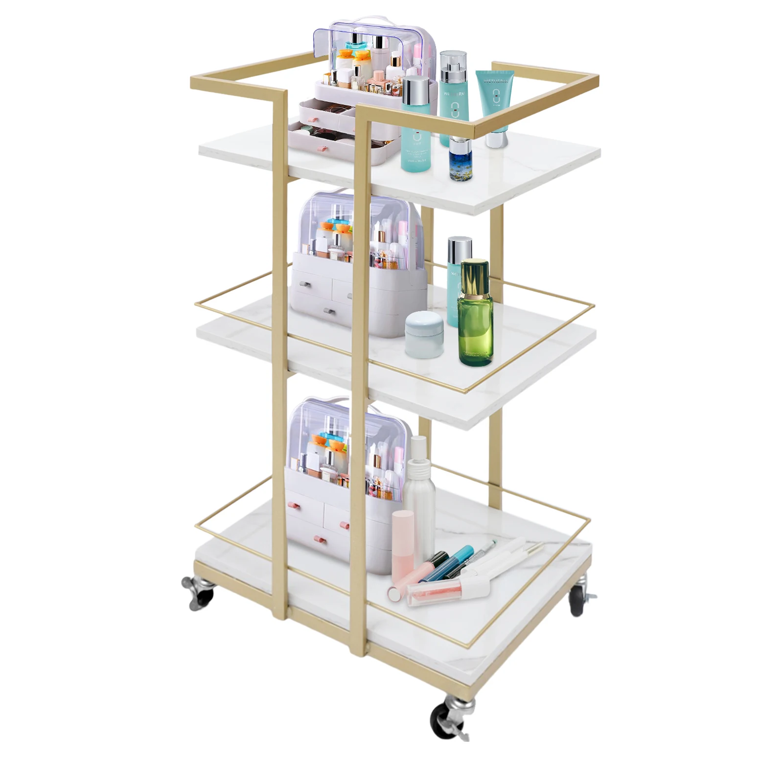 3 Tier Rolling Cart with Wheel Gold Salon Trolley Serving Cart Esthetician Cart Metal Mobile Storage Organizer Utility Cart Gold