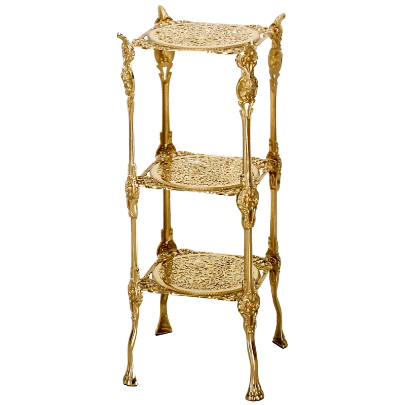 French hollowed out carved shelf with Baroque style retro brass floor to ceiling multi layered edge flower rack