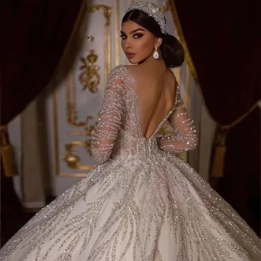 Luxury Wedding Dresses Ball Gown Long Sleeves Sparkly Beaded Bridal Gown Saudi Arabia Dubai Islamic Vestido De Noiva Customized view 2