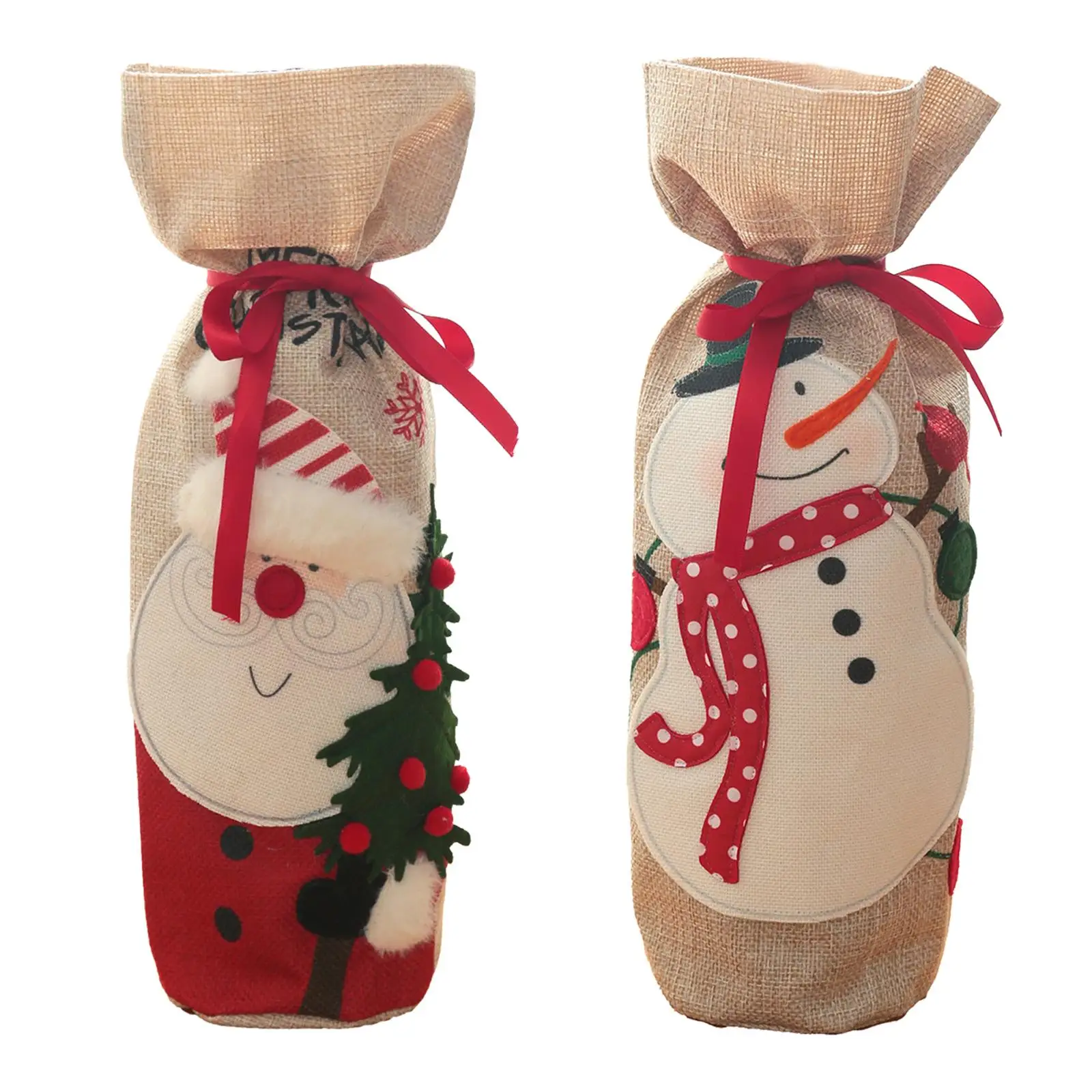 Christmas Bottle Cover Treat Bags Burlap Sack, Reusable , Decorations Pouch for Xmas