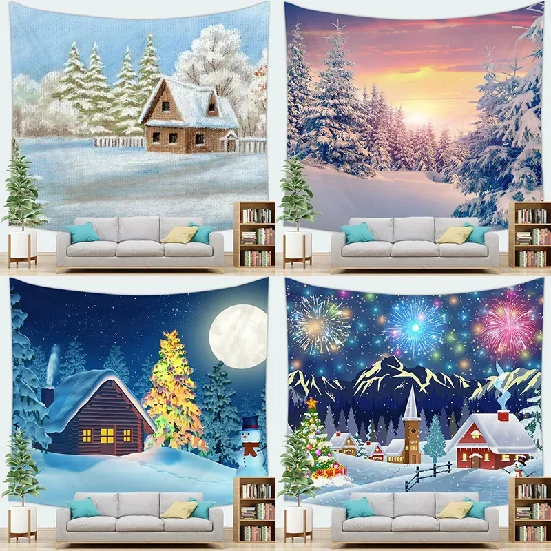 Christmas Snow Scene Sunset Tapestry Bedroom Living Room Home Christmas Decoration Tapestry