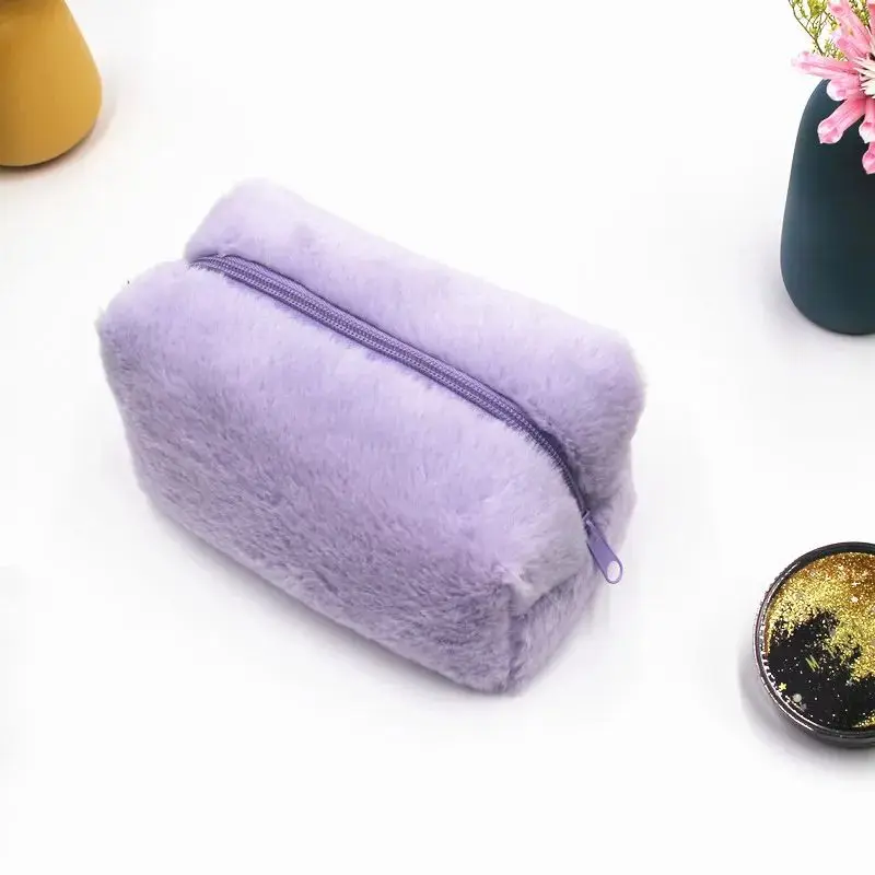 Makeup Bag Cute Cosmetic Bag Plush Pink White Makeup Pouch Travel Toiletry Bag Organizer Puffy Storage Bag for Women view 6