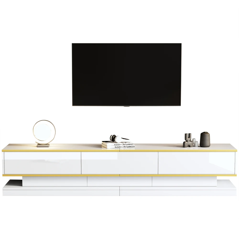 Moderner TV-Ständer mit 3 Schubladen, warmweißes Lowboard, goldener Rand, Wohnzimmer-Aufbewahrungsschrank – Detail 17