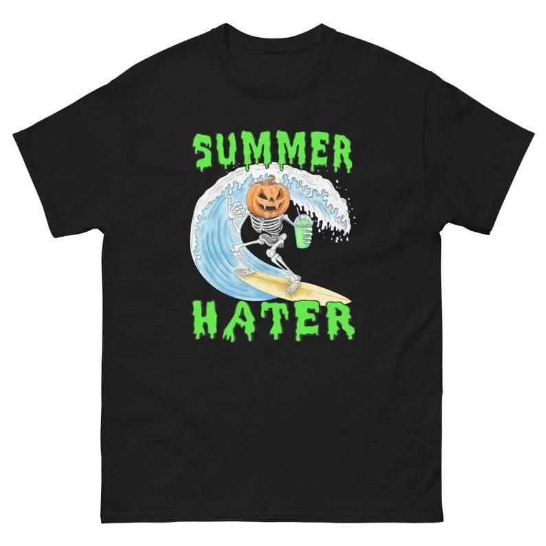 Summer Hater Skeleton Surfing Pumpkin Head Graphic T Shirt Vintage Halloween Unisex Casual Short Sleeve Oversized Daily Tee Tops