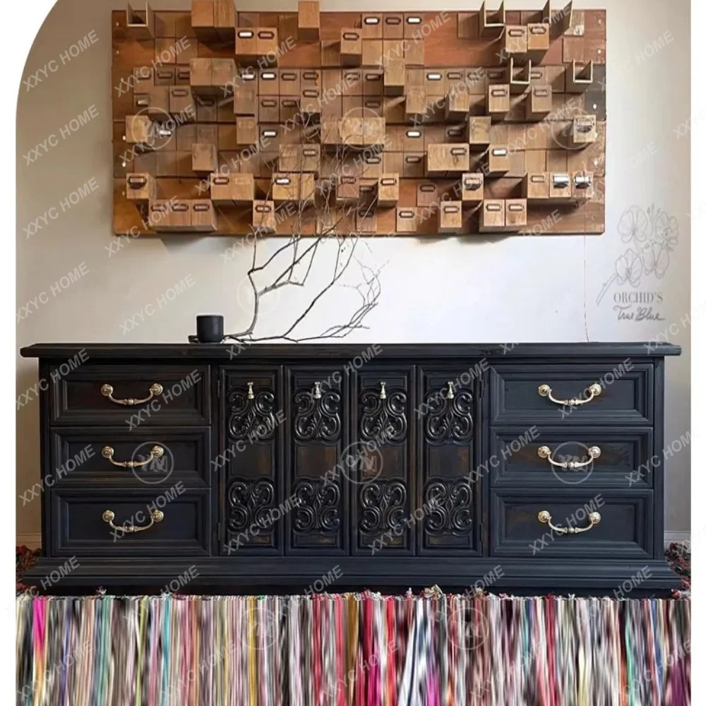 

"Retro solid wood carving flower TV cabinet entrance storage storage cabinet large capacity
